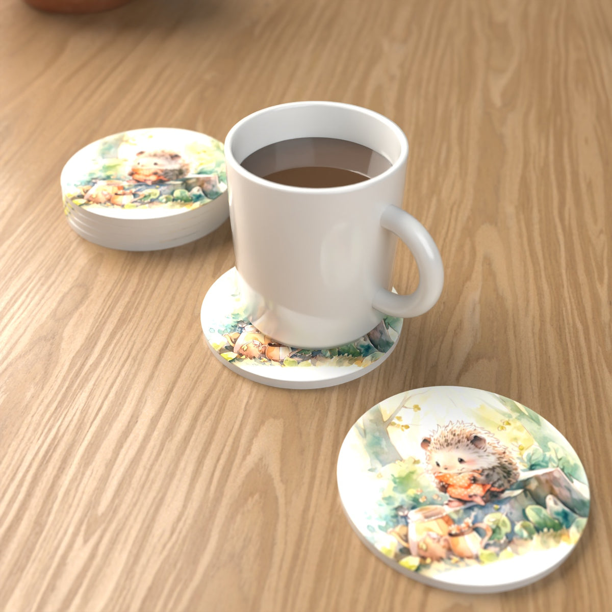 Watercolour Woodland Hedgehog Round Ceramic Coasters – Set of 6 – lifestyle mockup with a mug of coffee