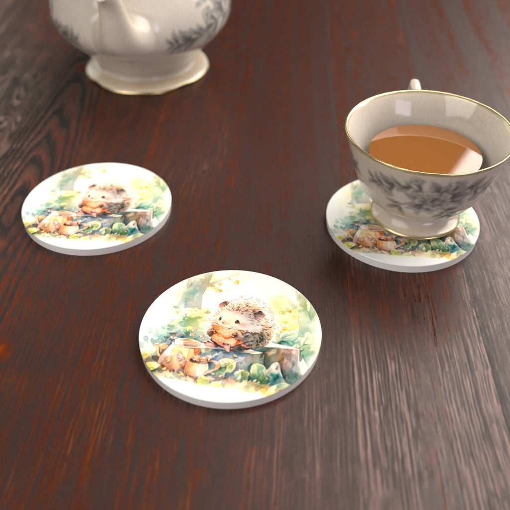 Watercolour Woodland Hedgehog Round Ceramic Coasters – Set of 6 – lifestyle mockup with a teacup