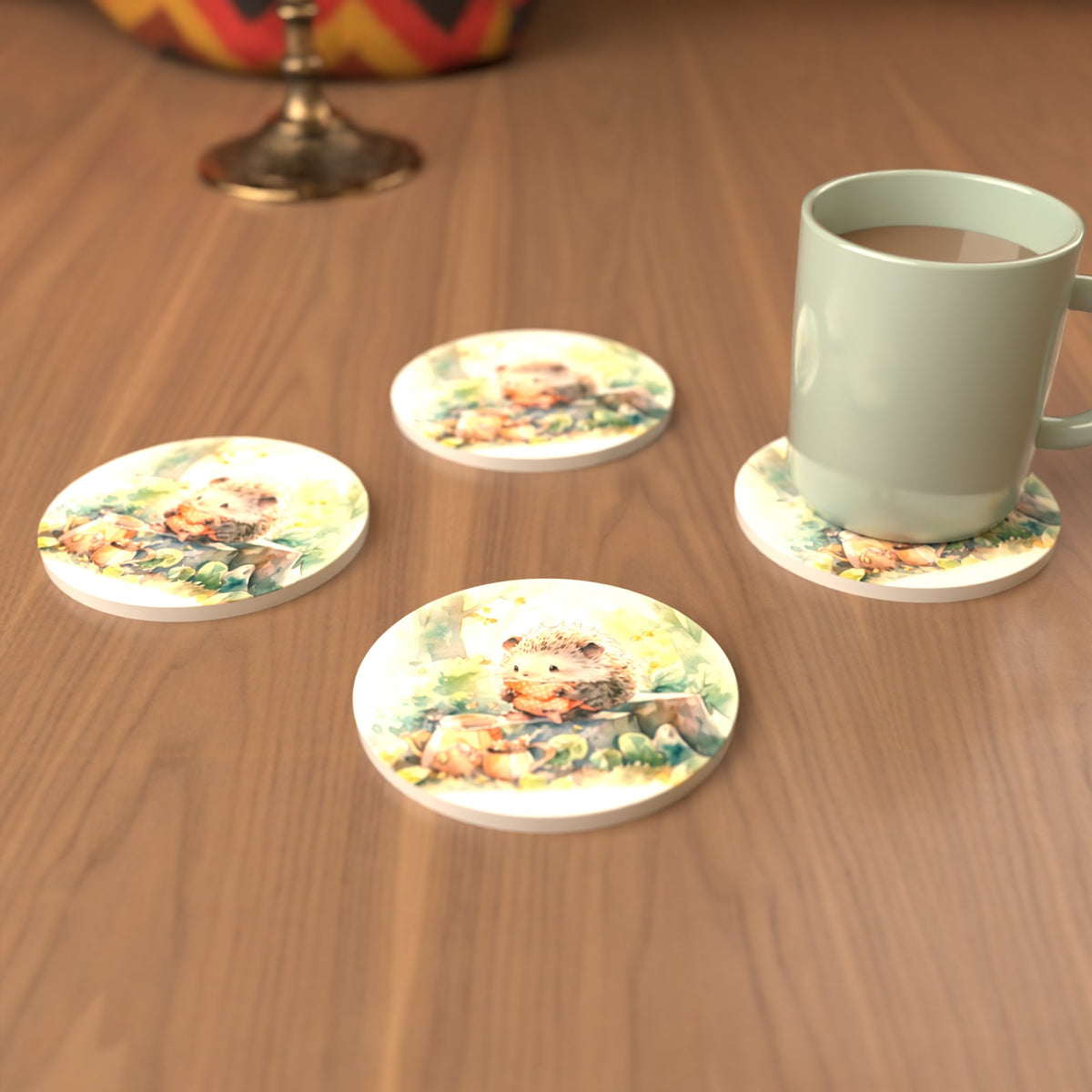 Watercolour Woodland Hedgehog Round Ceramic Coasters – Set of 6 – cosy lifestyle mockup
