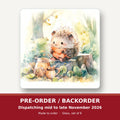 Watercolour Woodland Hedgehog square glass coaster set of 6 – pre-order / backorder, dispatching mid to late November 2026