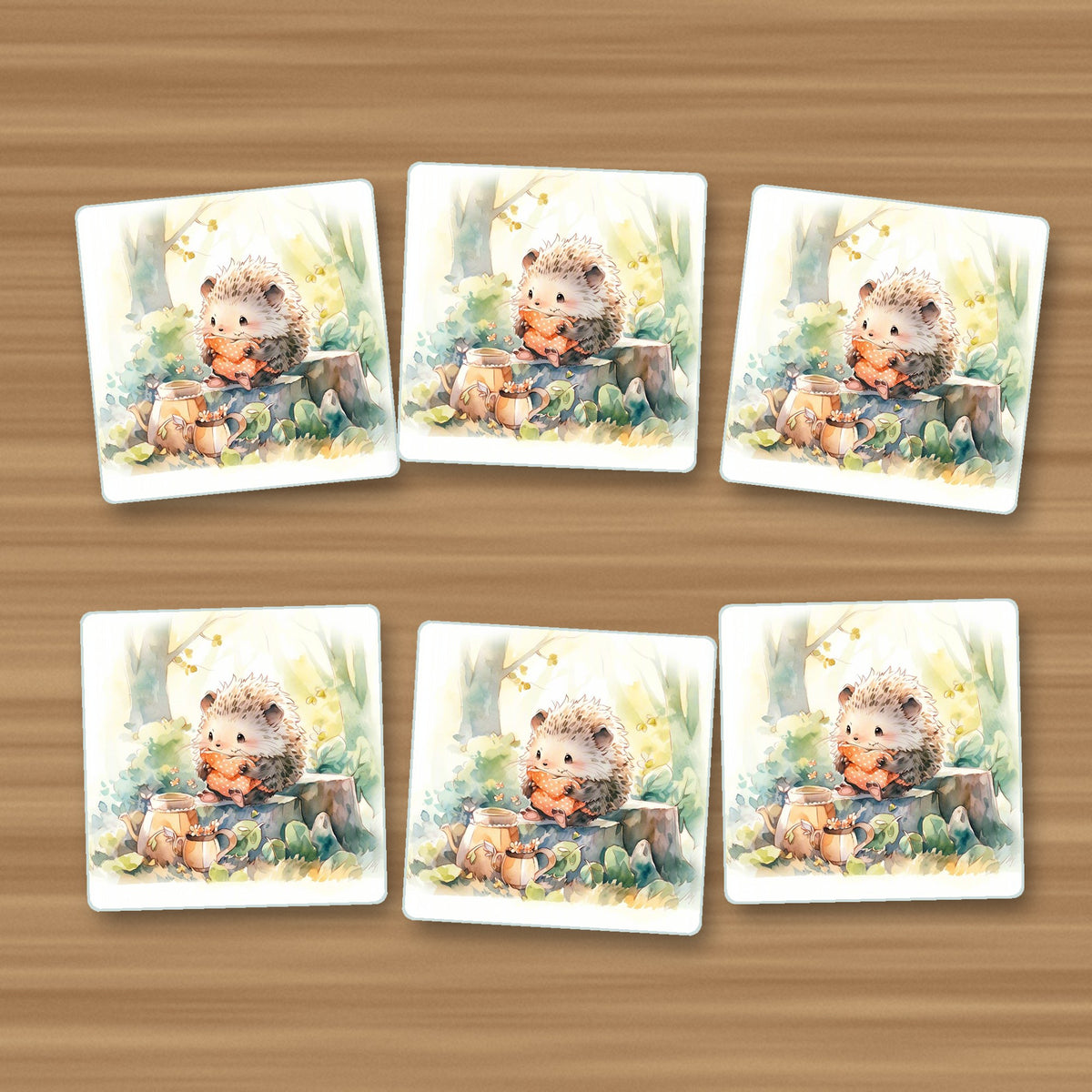 Watercolour Woodland Hedgehog square glass coasters, set of 6, on an oak coffee table