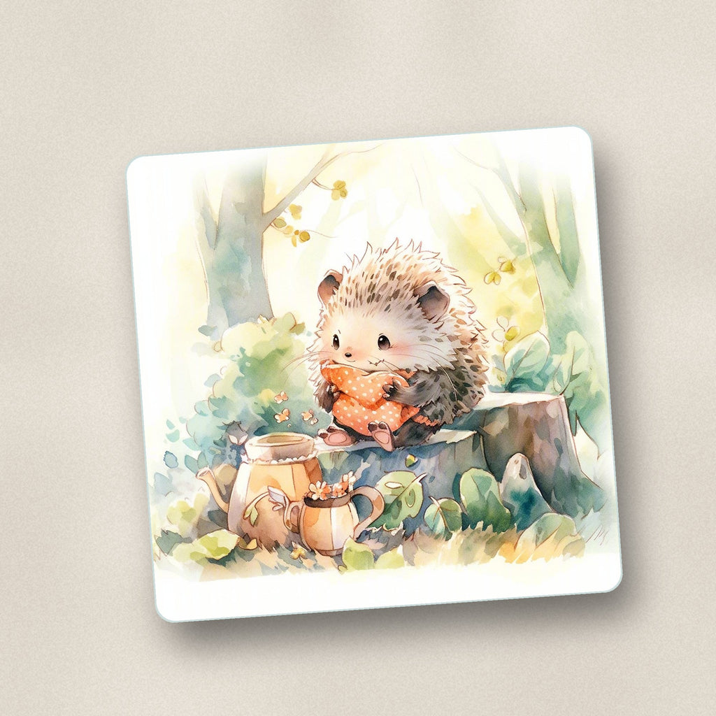 Close-up of one watercolour woodland hedgehog square glass coaster, flat UV print