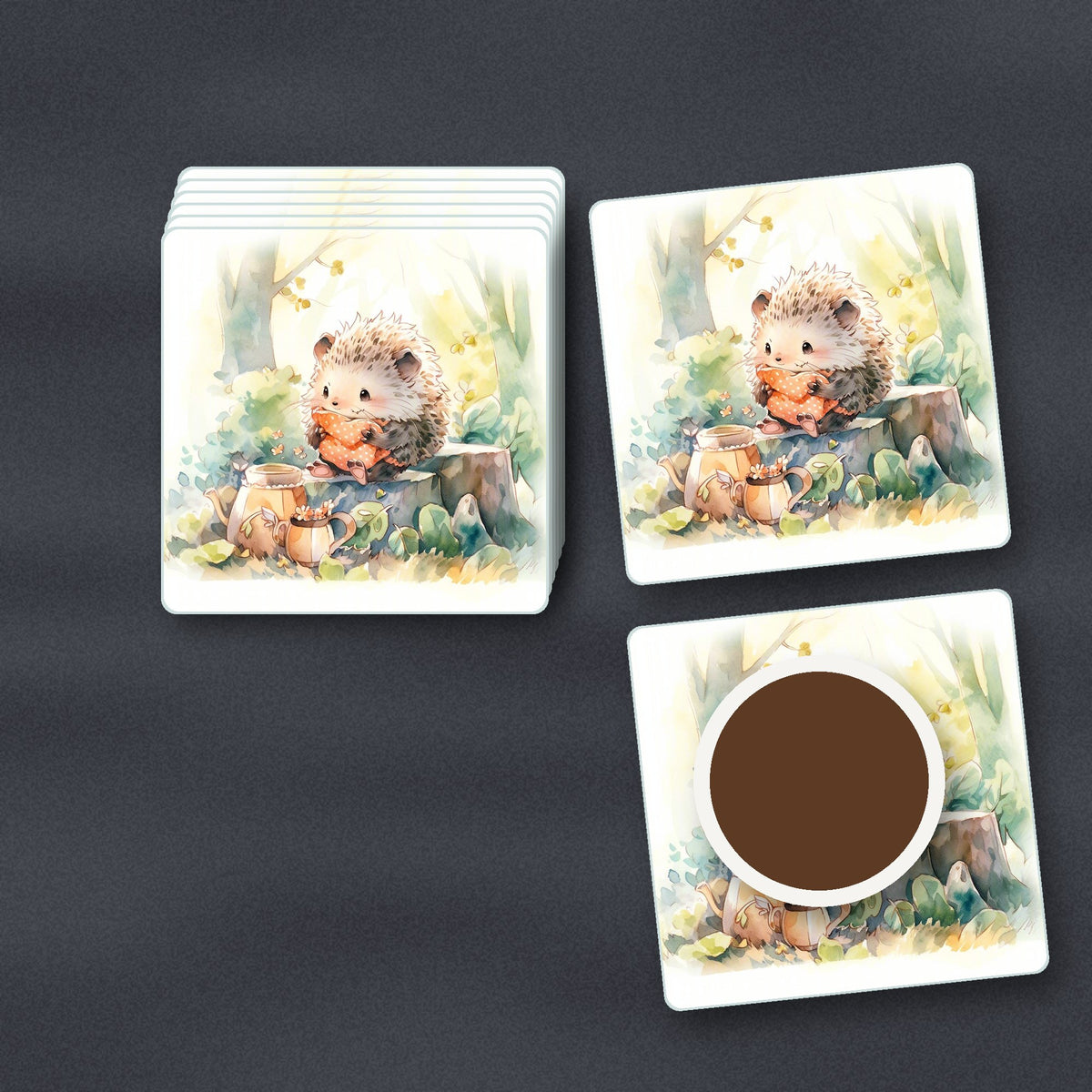 Watercolour Woodland Hedgehog square glass coasters stacked on a slate kitchen worktop