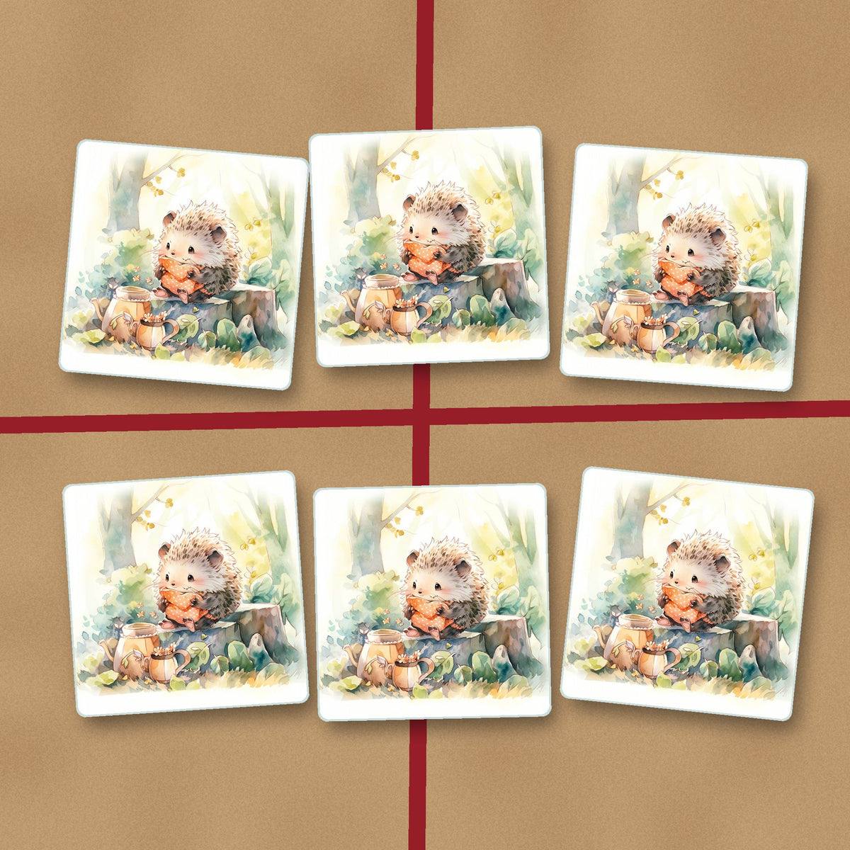 Watercolour Woodland Hedgehog square glass coasters on kraft gift wrap