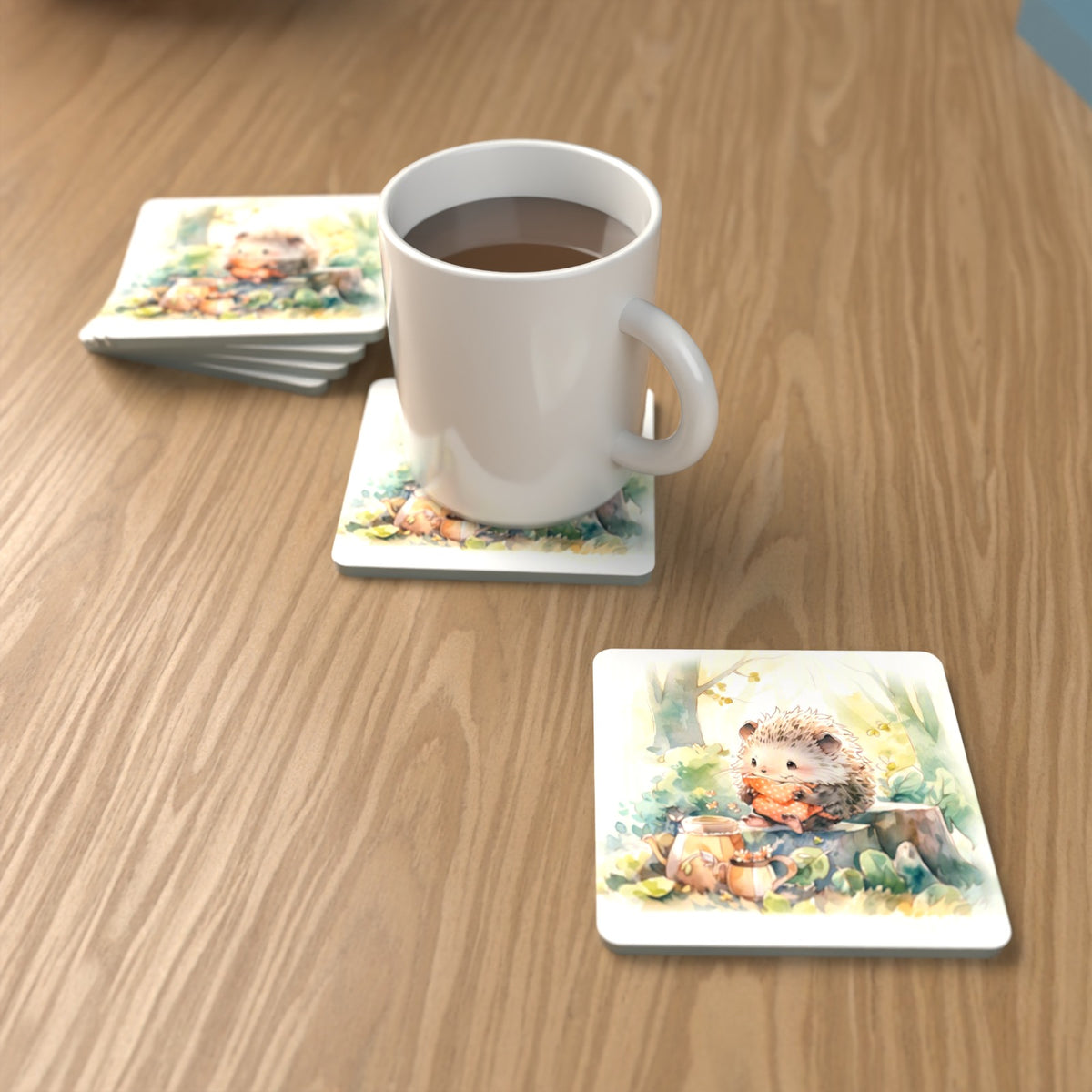 Watercolour Woodland Hedgehog Square Glass Coasters – Set of 6 – lifestyle mockup with a mug of coffee