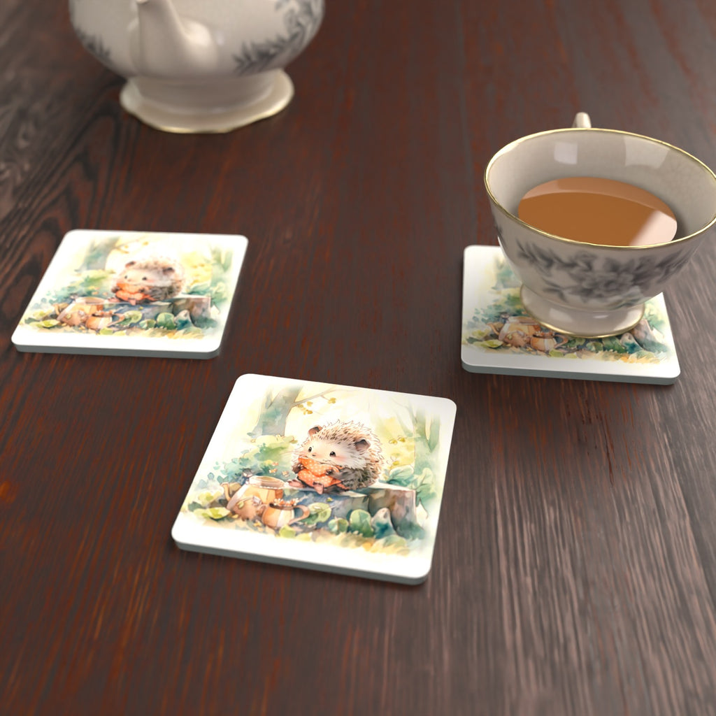 Watercolour Woodland Hedgehog Square Glass Coasters – Set of 6 – lifestyle mockup with a teacup