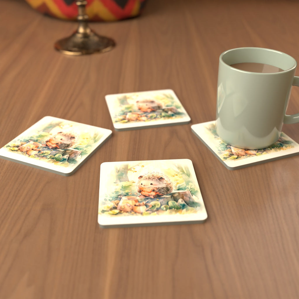 Watercolour Woodland Hedgehog Square Glass Coasters – Set of 6 – cosy lifestyle mockup