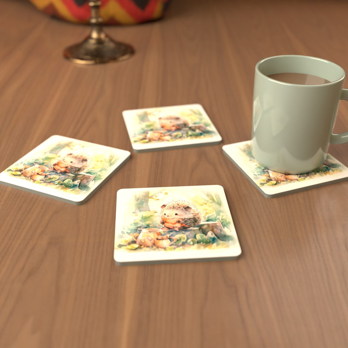 Watercolour Woodland Hedgehog Square Glass Coasters – Set of 6 – cosy lifestyle mockup