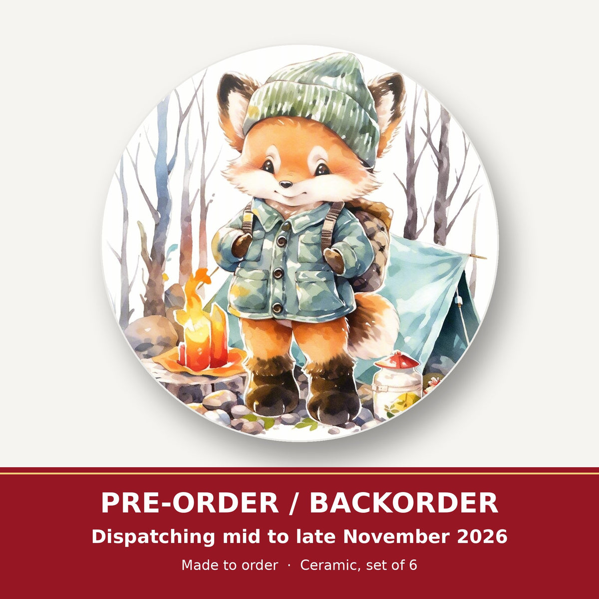 Fox Camping Watercolour round ceramic coaster set of 6 – pre-order / backorder, dispatching mid to late November 2026