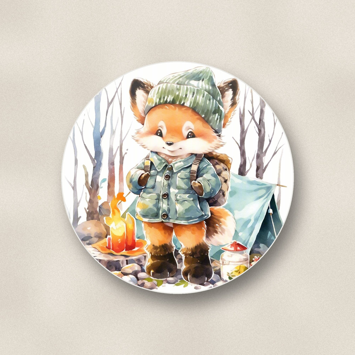 Close-up of one fox camping watercolour round ceramic coaster, flat UV print