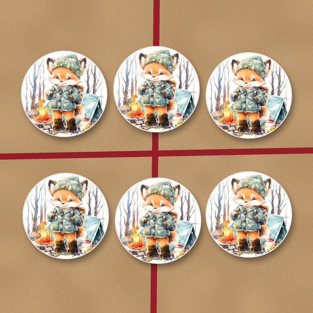 Fox Camping Watercolour round ceramic coasters on kraft gift wrap