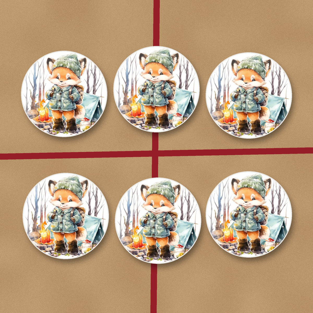 Fox Camping Watercolour round ceramic coasters on kraft gift wrap