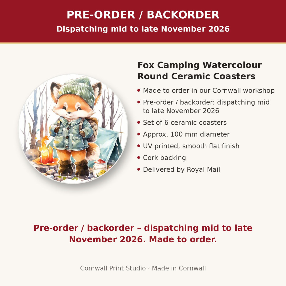 Info card: Fox Camping Watercolour Round Ceramic Coasters – Set of 6, made to order, dispatching mid to late November 2026, delivered by Royal Mail
