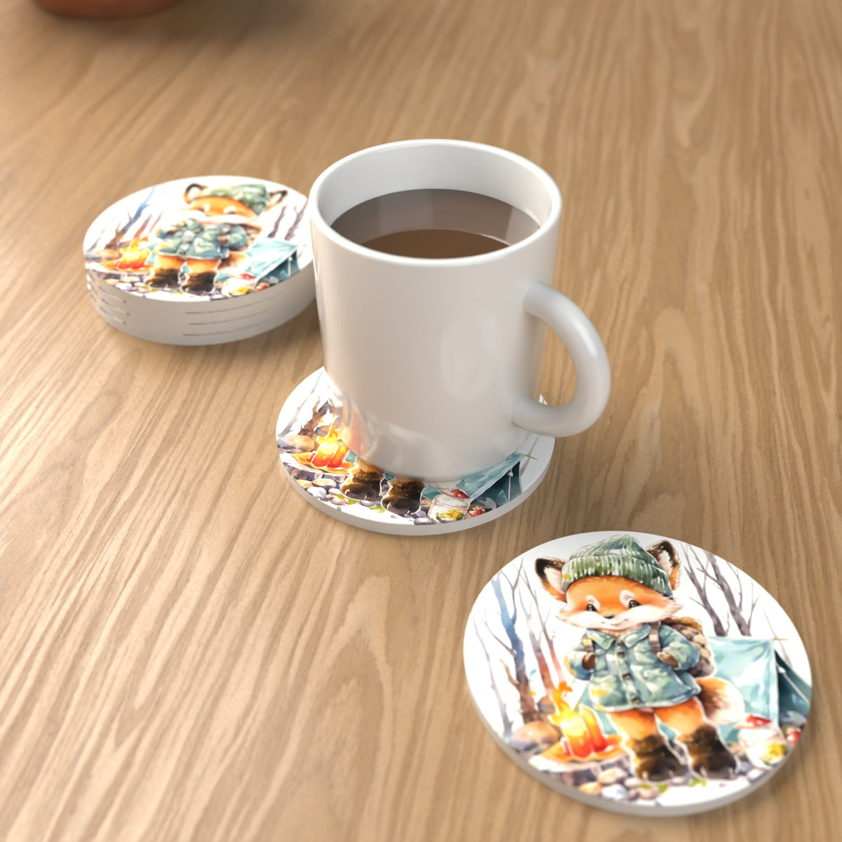 Fox Camping Watercolour Round Ceramic Coasters – Set of 6 – lifestyle mockup with a mug of coffee