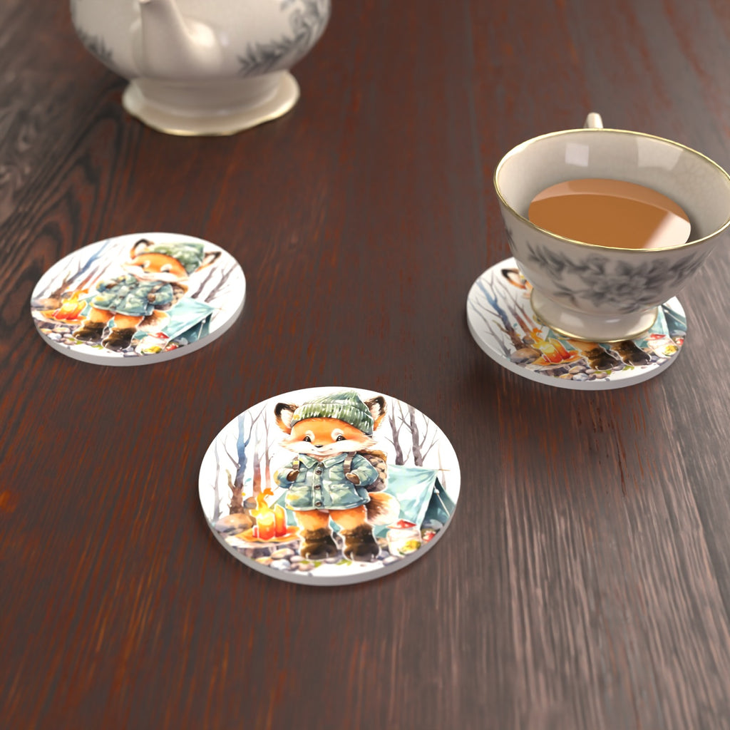 Fox Camping Watercolour Round Ceramic Coasters – Set of 6 – lifestyle mockup with a teacup