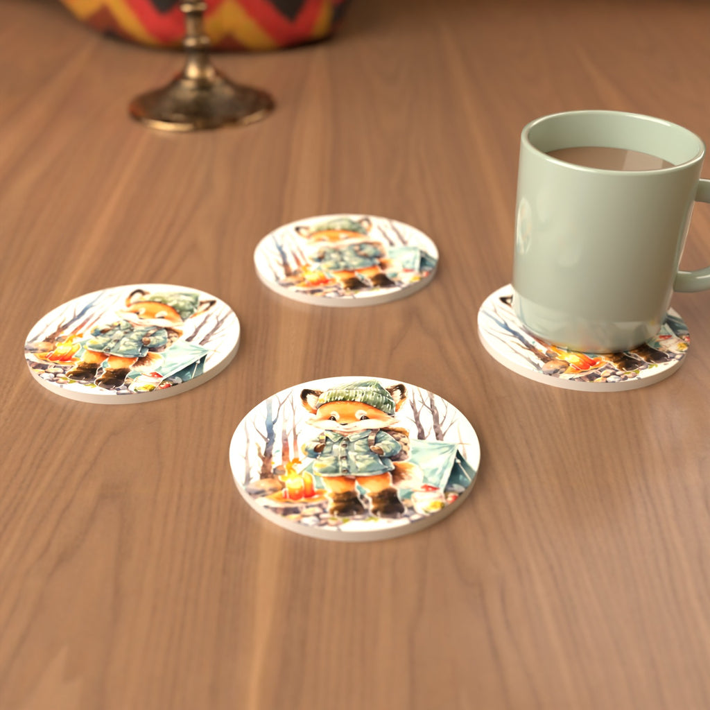 Fox Camping Watercolour Round Ceramic Coasters – Set of 6 – cosy lifestyle mockup