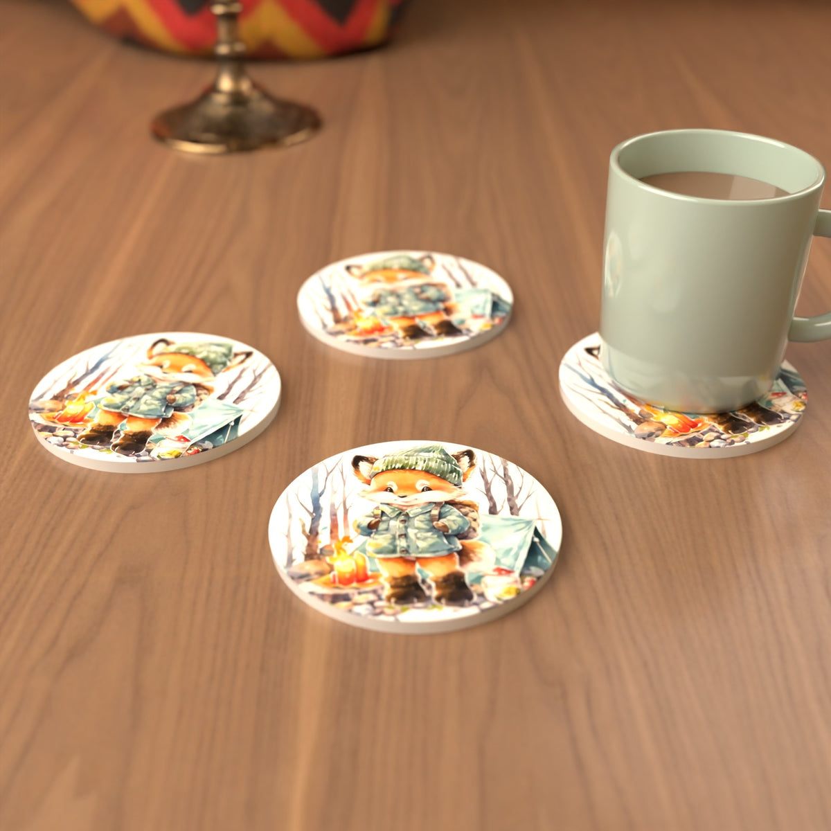 Fox Camping Watercolour Round Ceramic Coasters – Set of 6 – cosy lifestyle mockup
