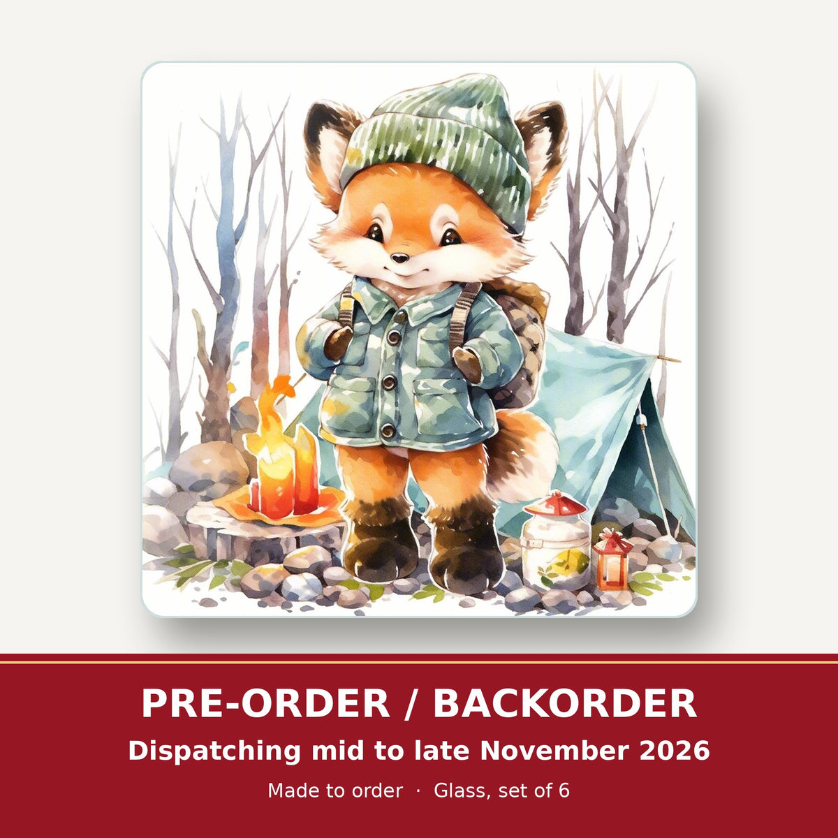 Fox Camping Watercolour square glass coaster set of 6 – pre-order / backorder, dispatching mid to late November 2026