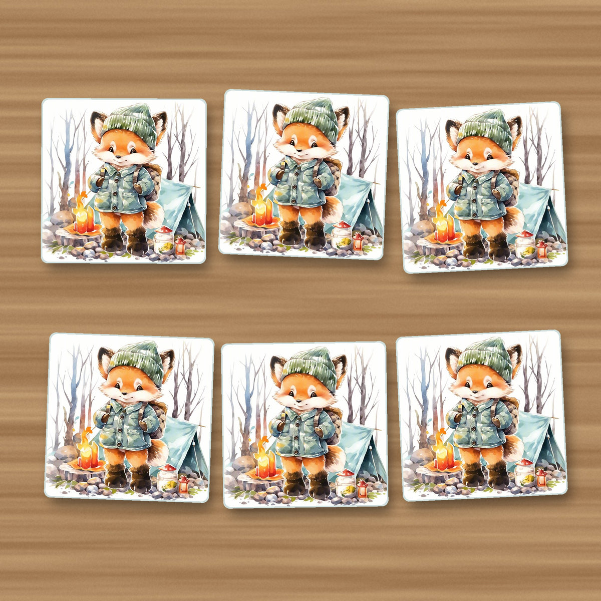 Fox Camping Watercolour square glass coasters, set of 6, on an oak coffee table
