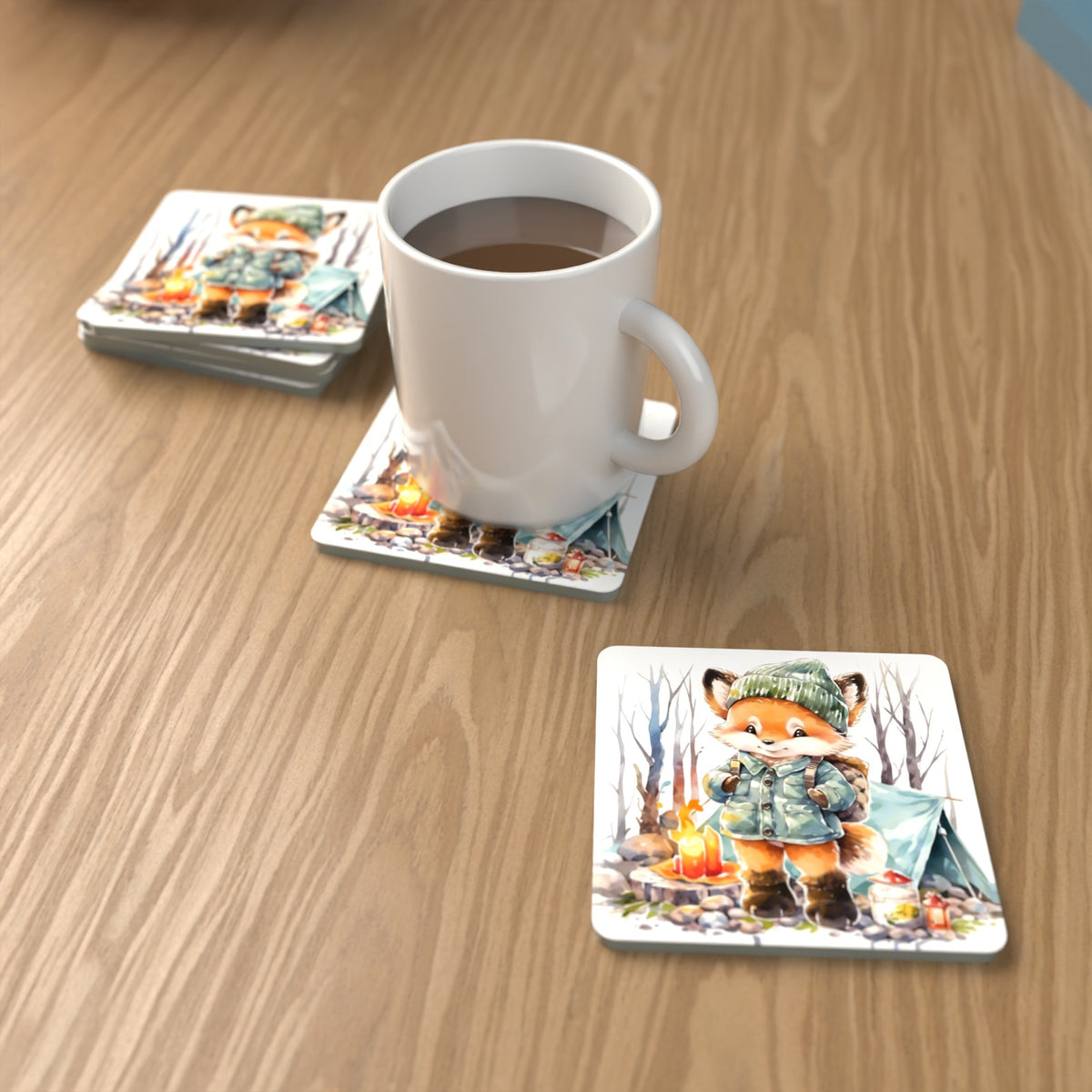 Fox Camping Watercolour Square Glass Coasters – Set of 6 – lifestyle mockup with a mug of coffee