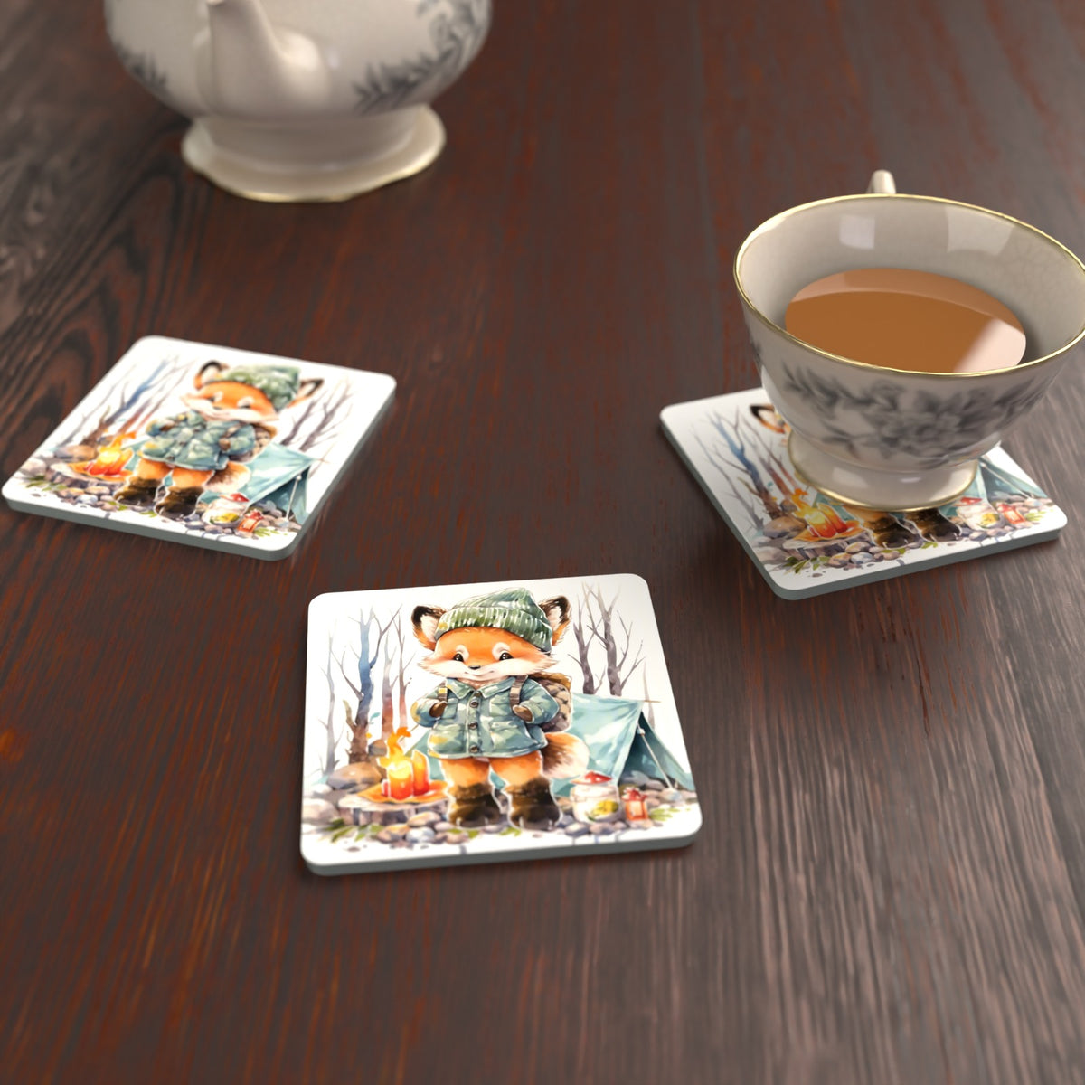 Fox Camping Watercolour Square Glass Coasters – Set of 6 – lifestyle mockup with a teacup