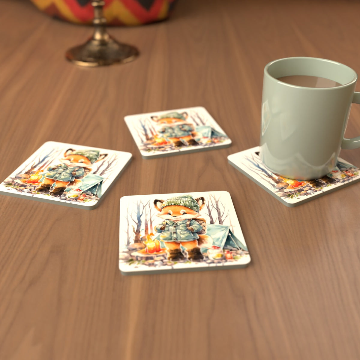 Fox Camping Watercolour Square Glass Coasters – Set of 6 – cosy lifestyle mockup