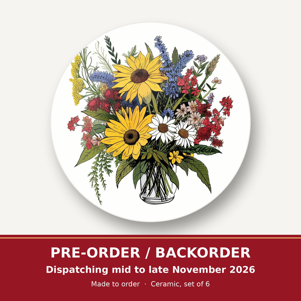 Sunflower & Wildflower Bouquet round ceramic coaster set of 6 – pre-order / backorder, dispatching mid to late November 2026