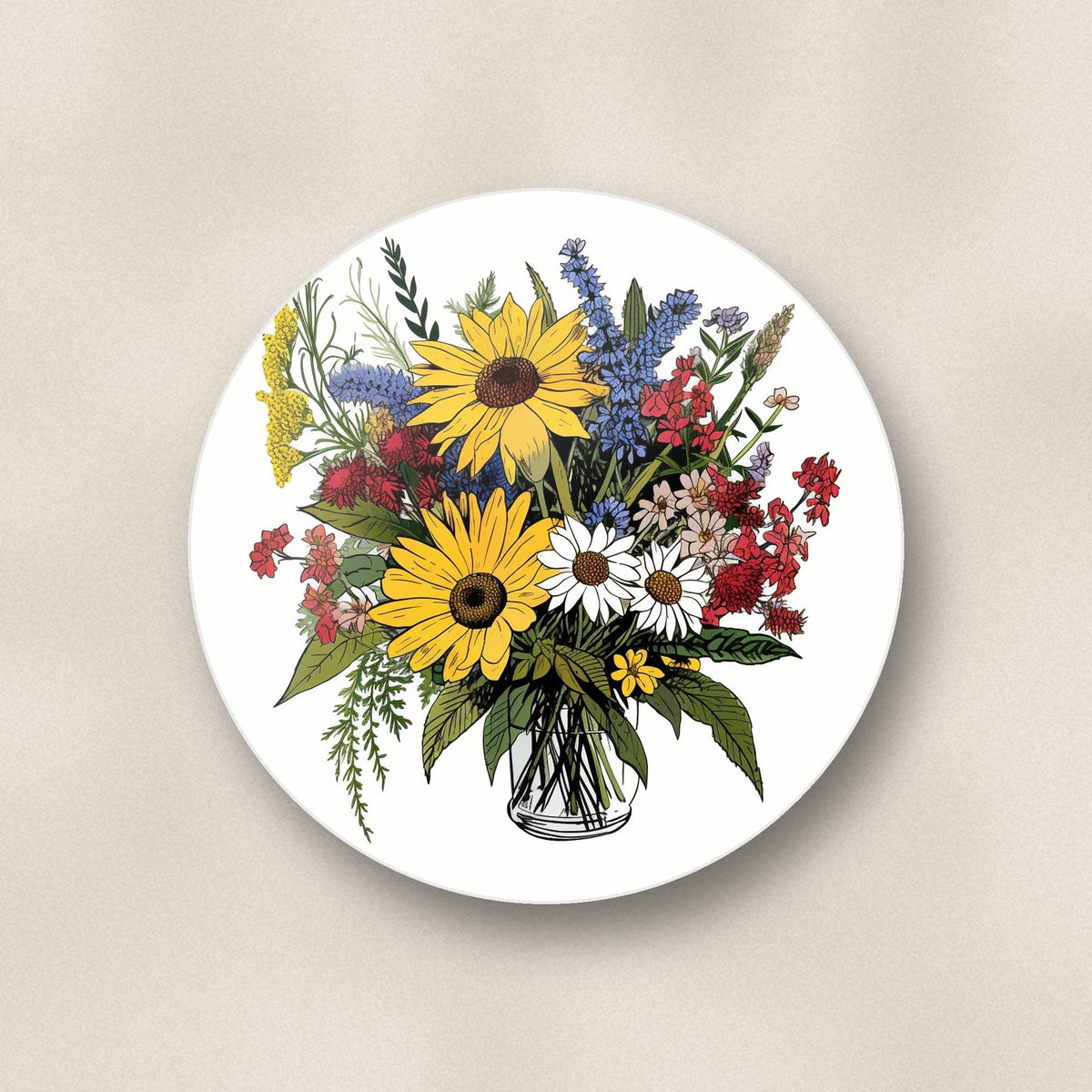 Close-up of one sunflower & wildflower bouquet round ceramic coaster, flat UV print