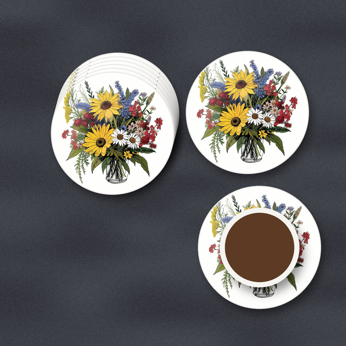 Sunflower & Wildflower Bouquet round ceramic coasters stacked on a slate kitchen worktop