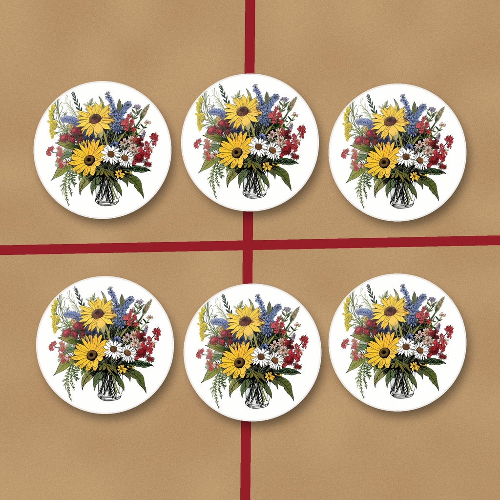 Sunflower & Wildflower Bouquet round ceramic coasters on kraft gift wrap