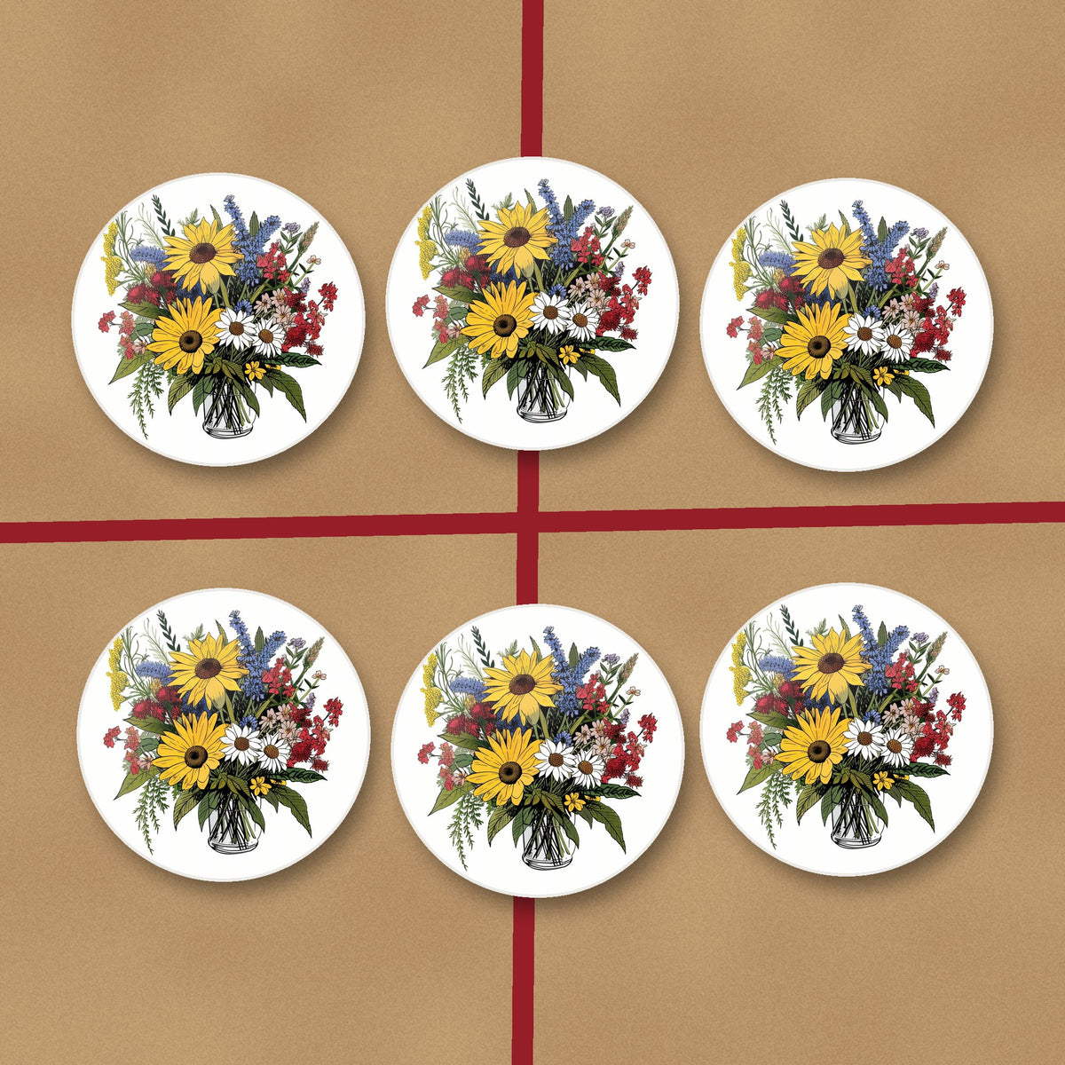 Sunflower & Wildflower Bouquet round ceramic coasters on kraft gift wrap