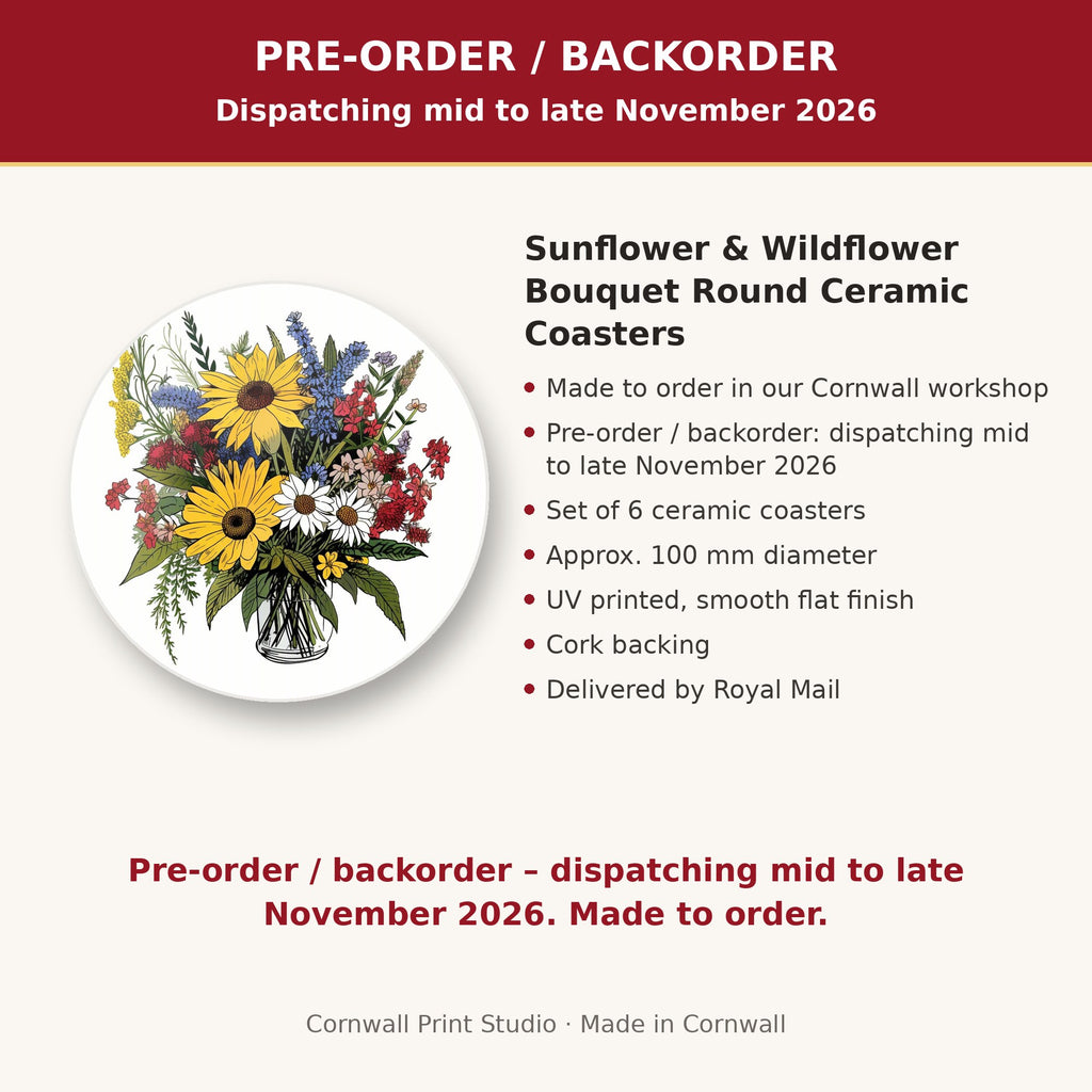 Info card: Sunflower & Wildflower Bouquet Round Ceramic Coasters – Set of 6, made to order, dispatching mid to late November 2026, delivered by Royal Mail
