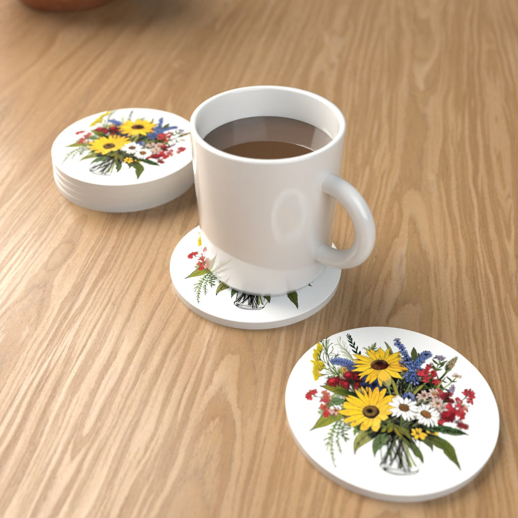 Sunflower & Wildflower Bouquet Round Ceramic Coasters – Set of 6 – lifestyle mockup with a mug of coffee