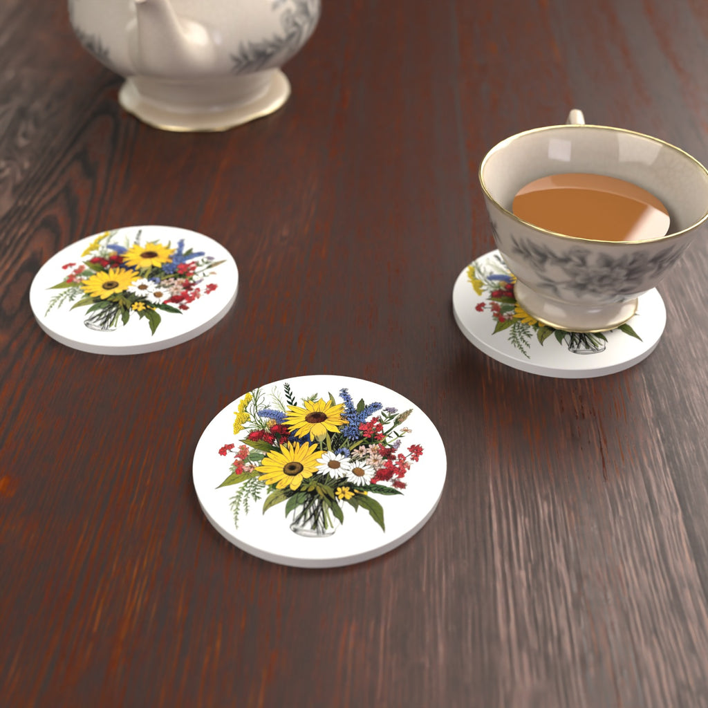 Sunflower & Wildflower Bouquet Round Ceramic Coasters – Set of 6 – lifestyle mockup with a teacup