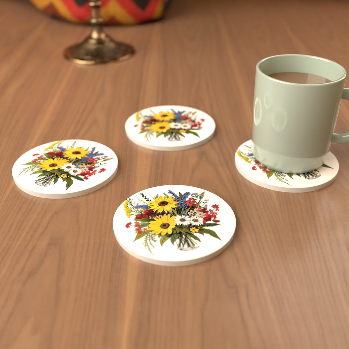 Sunflower & Wildflower Bouquet Round Ceramic Coasters – Set of 6 – cosy lifestyle mockup
