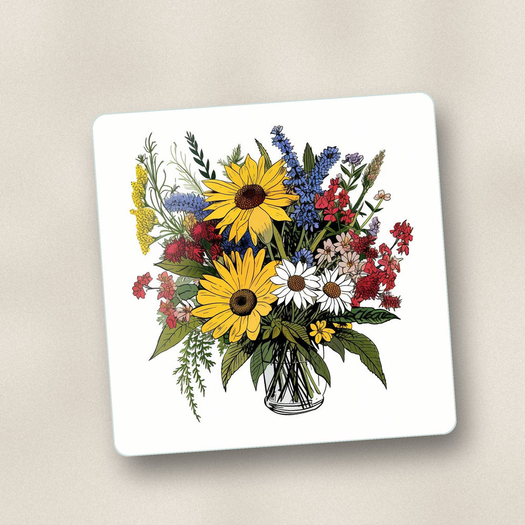 Close-up of one sunflower & wildflower bouquet square glass coaster, flat UV print
