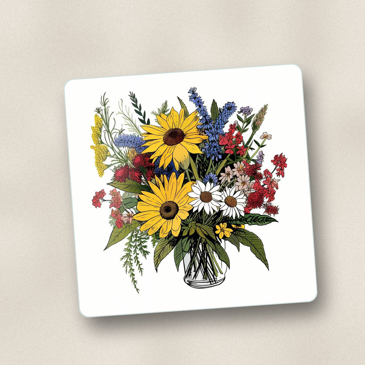 Close-up of one sunflower & wildflower bouquet square glass coaster, flat UV print