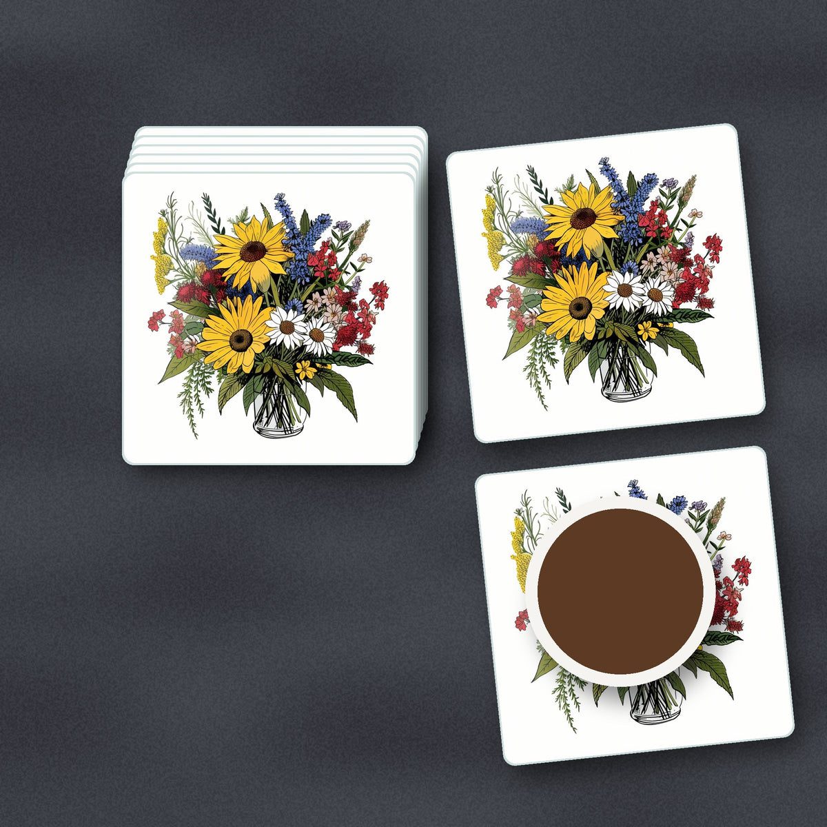 Sunflower & Wildflower Bouquet square glass coasters stacked on a slate kitchen worktop