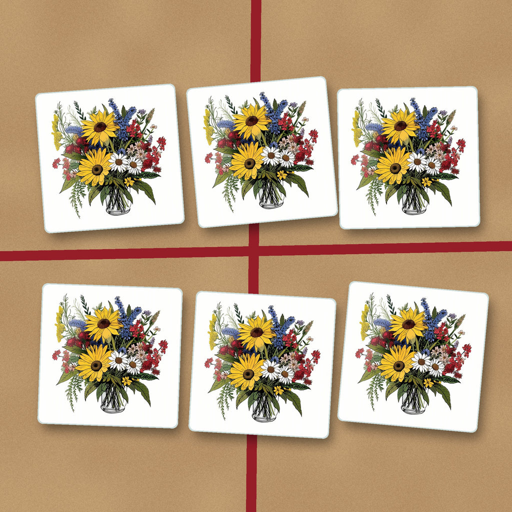 Sunflower & Wildflower Bouquet square glass coasters on kraft gift wrap