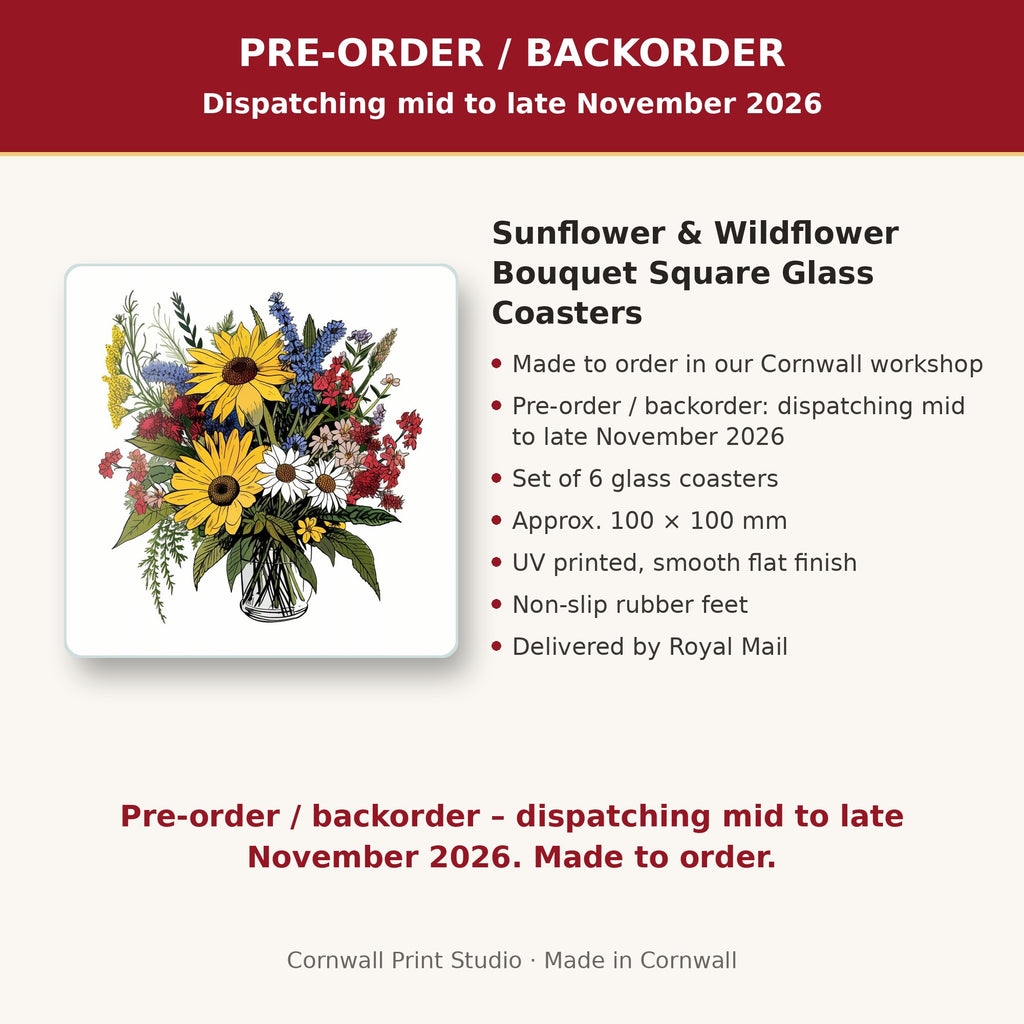 Info card: Sunflower & Wildflower Bouquet Square Glass Coasters – Set of 6, made to order, dispatching mid to late November 2026, delivered by Royal Mail
