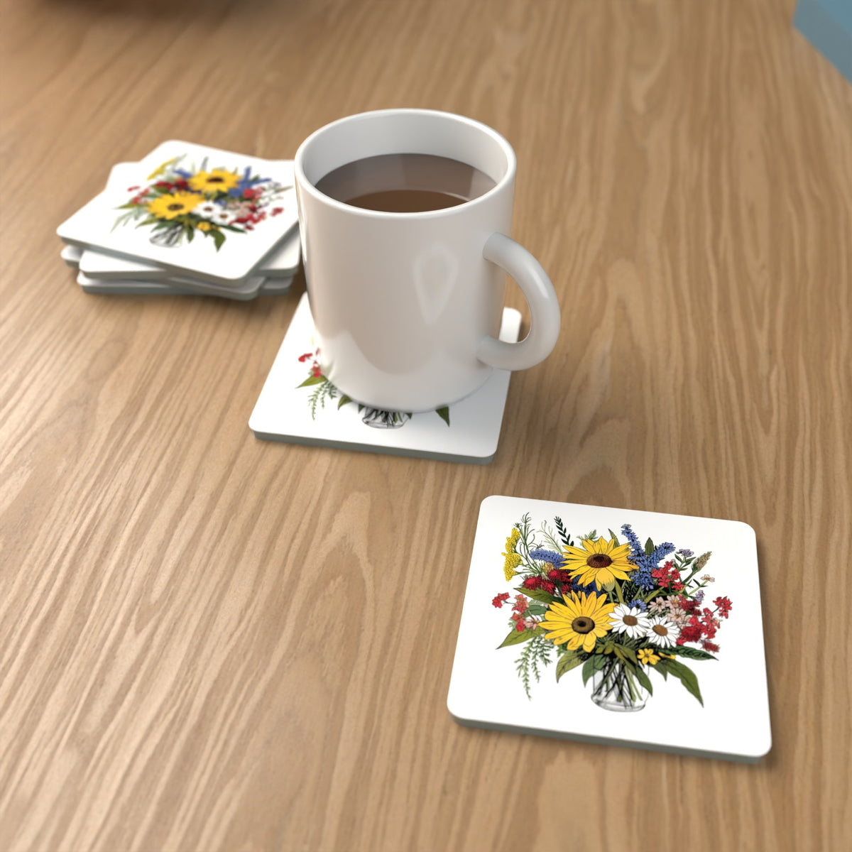 Sunflower & Wildflower Bouquet Square Glass Coasters – Set of 6 – lifestyle mockup with a mug of coffee