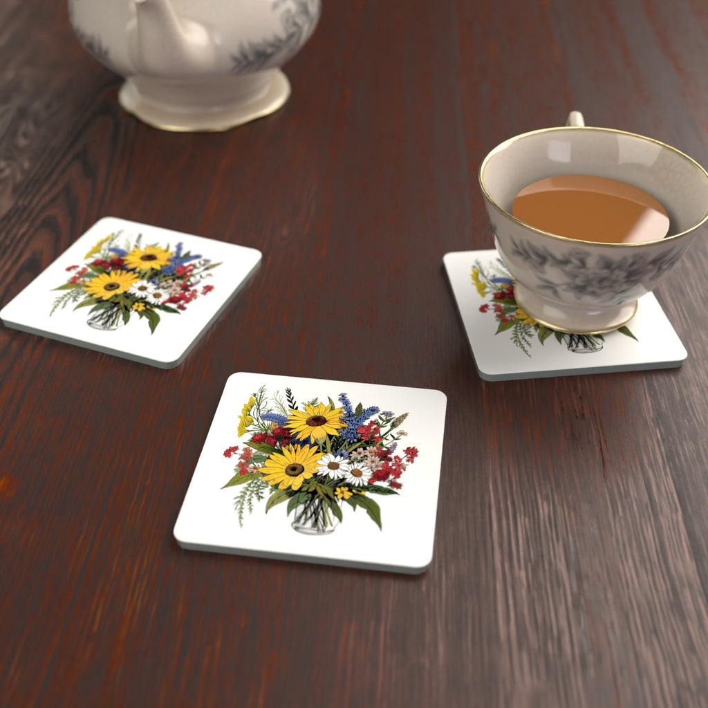 Sunflower & Wildflower Bouquet Square Glass Coasters – Set of 6 – lifestyle mockup with a teacup