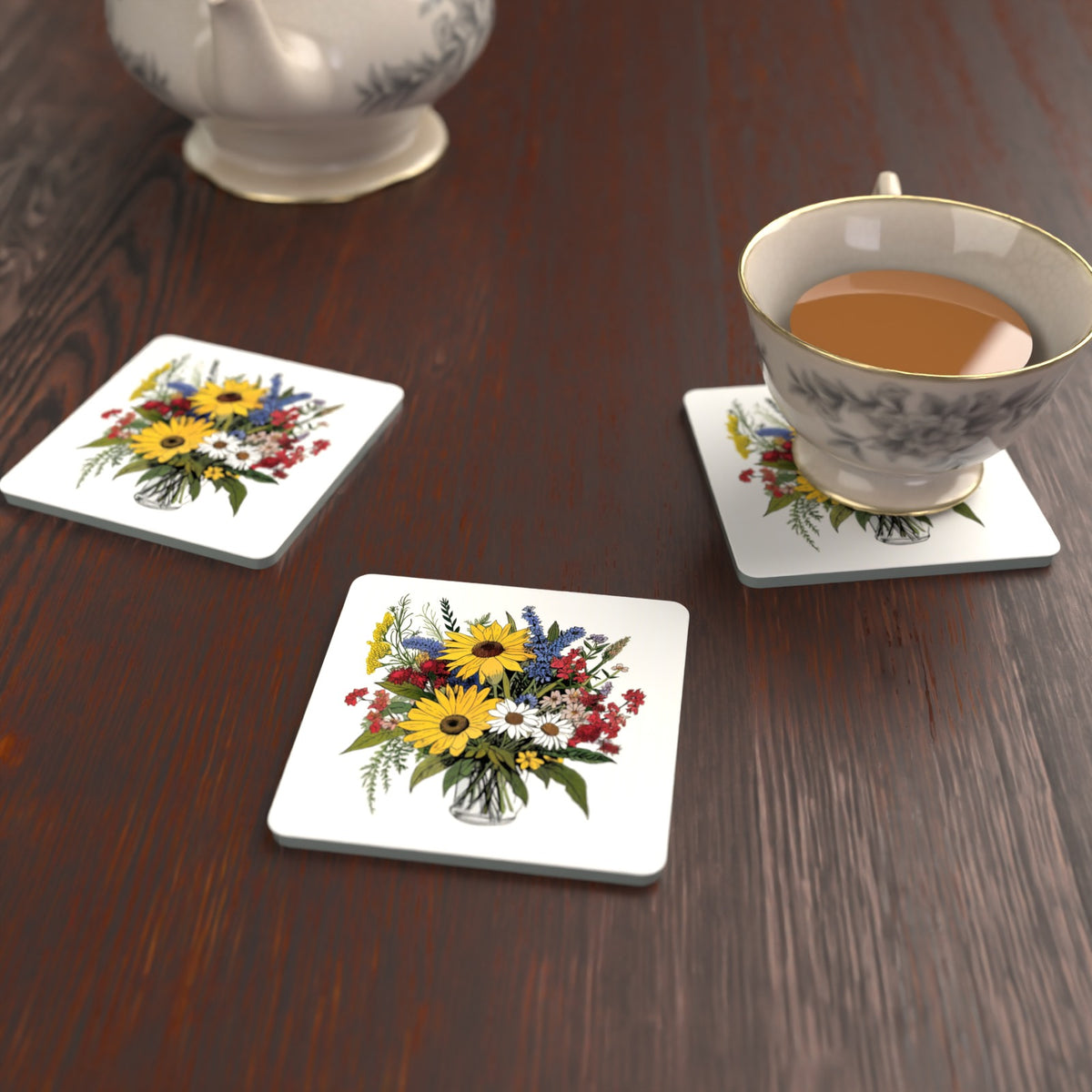 Sunflower & Wildflower Bouquet Square Glass Coasters – Set of 6 – lifestyle mockup with a teacup