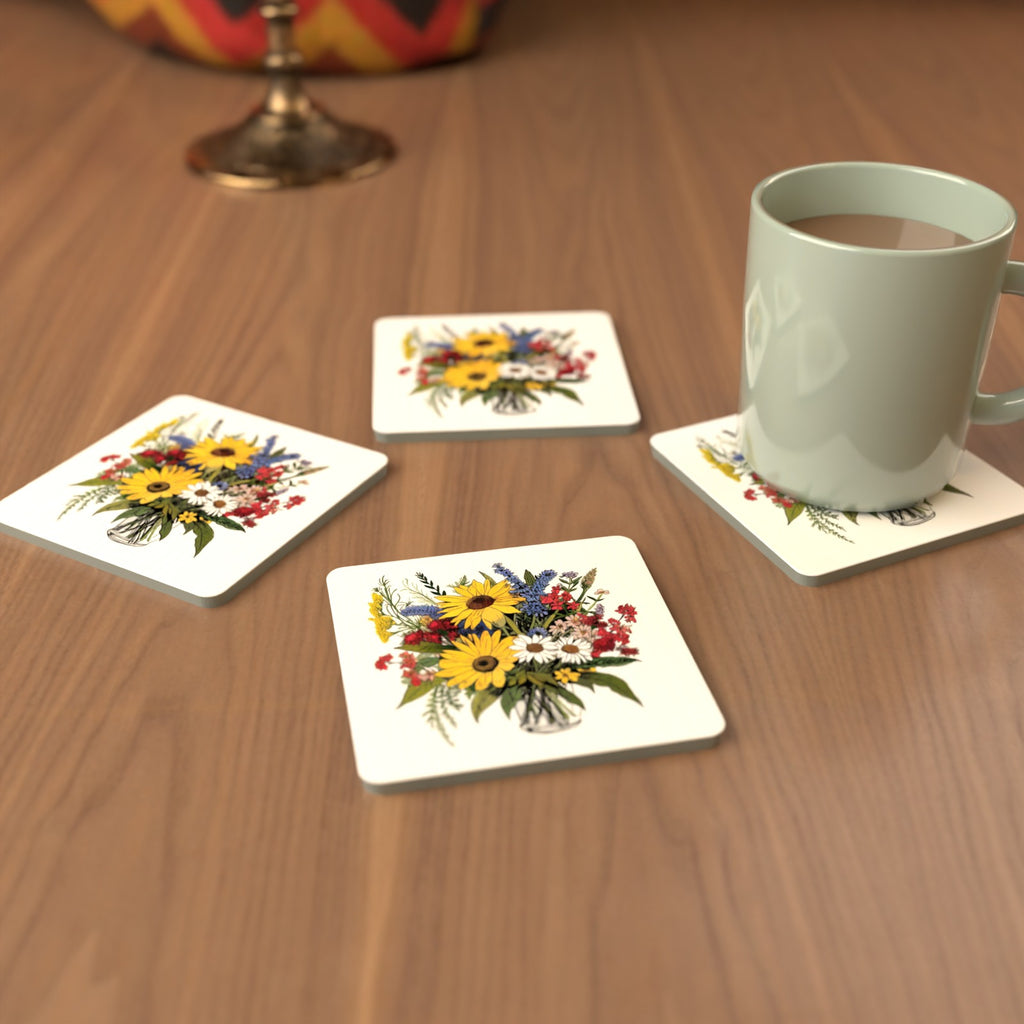 Sunflower & Wildflower Bouquet Square Glass Coasters – Set of 6 – cosy lifestyle mockup