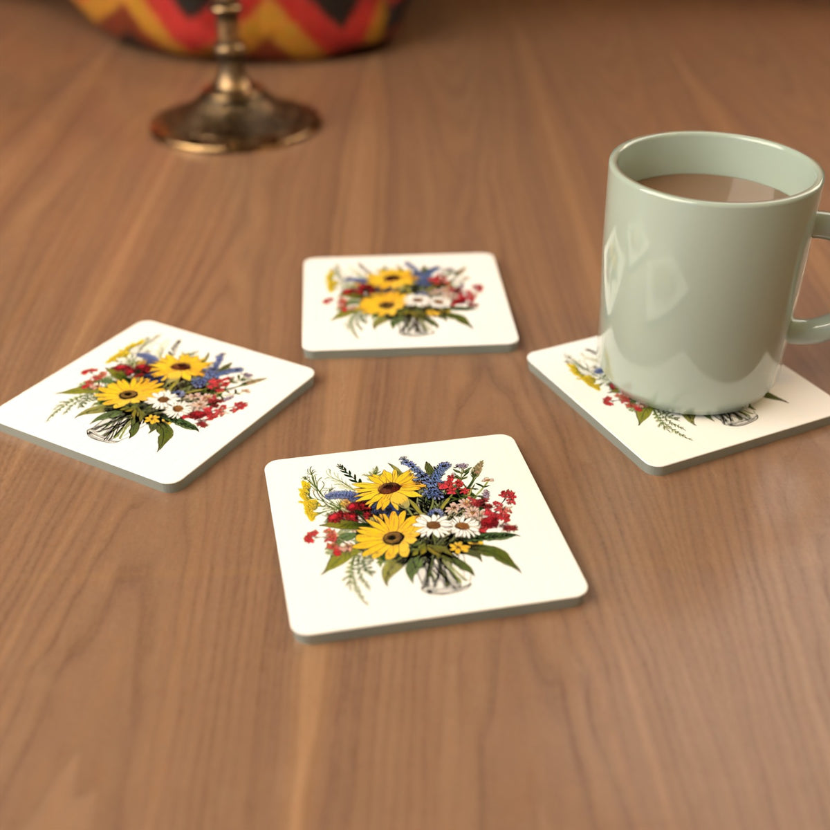 Sunflower & Wildflower Bouquet Square Glass Coasters – Set of 6 – cosy lifestyle mockup
