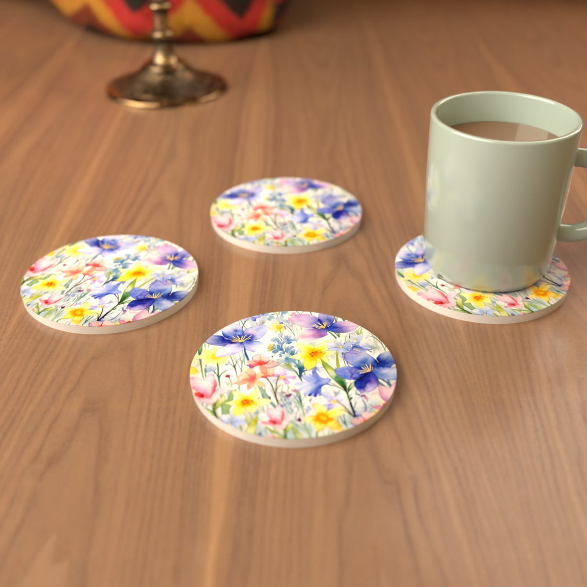 Watercolour Spring Flowers Round Ceramic Coasters – Set of 6 – cosy lifestyle mockup