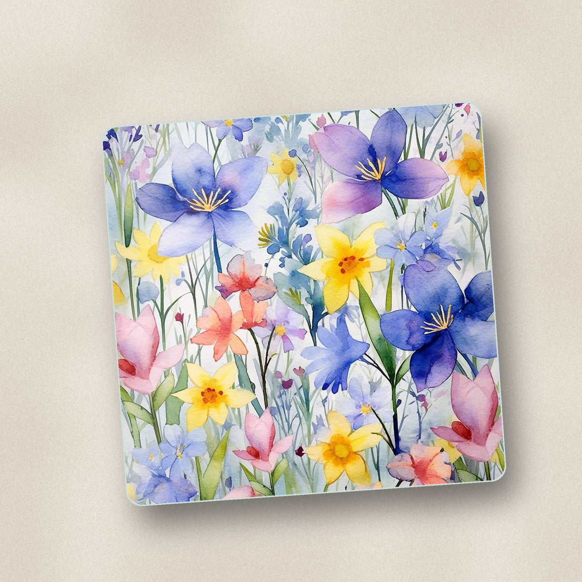 Close-up of one watercolour spring flowers square glass coaster, flat UV print