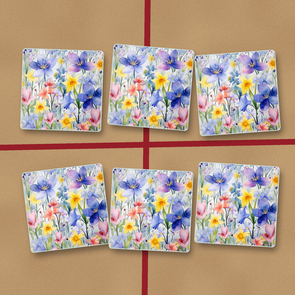 Watercolour Spring Flowers square glass coasters on kraft gift wrap