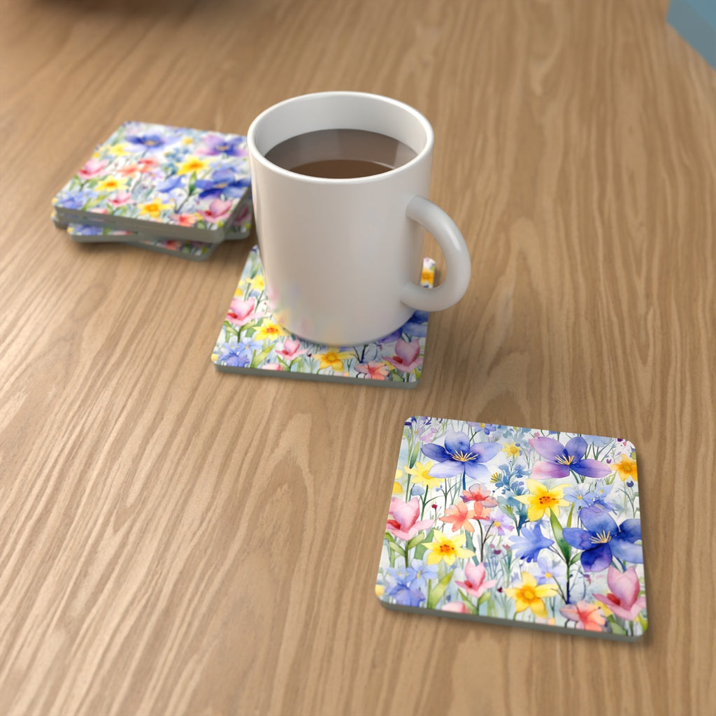 Watercolour Spring Flowers Square Glass Coasters – Set of 6 – lifestyle mockup with a mug of coffee