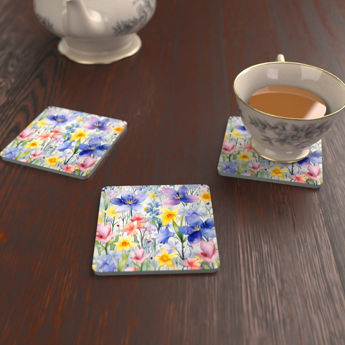 Watercolour Spring Flowers Square Glass Coasters – Set of 6 – lifestyle mockup with a teacup